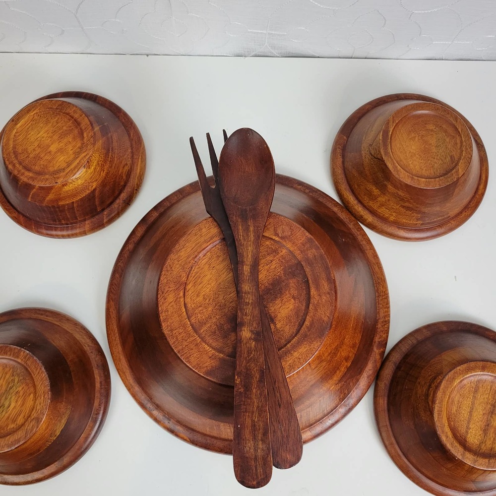 Wooden Salad Bowl Set with Tongs Vintage Kitchen Home Servings - Picture 4 of 7